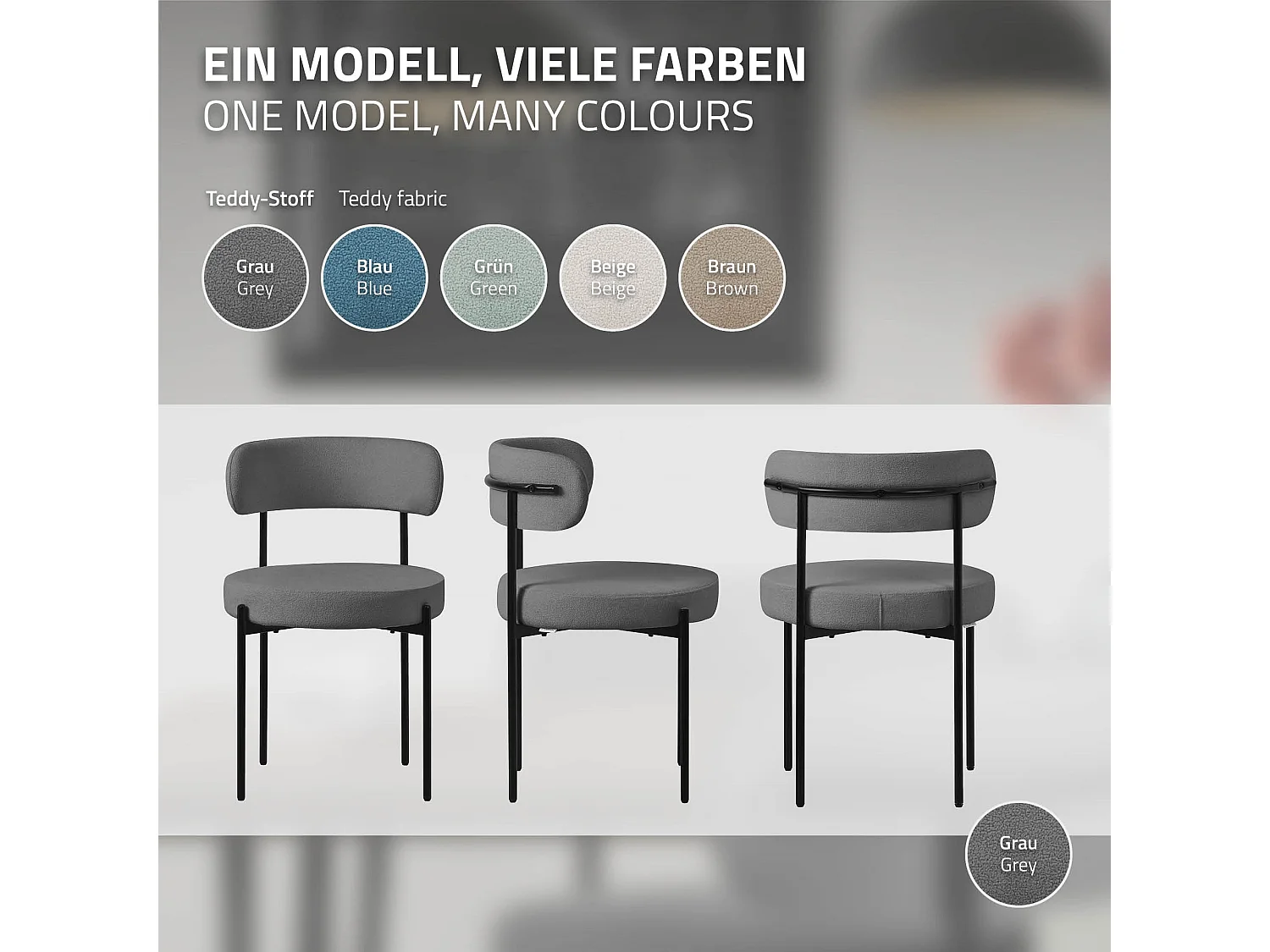 Lot de 2 chaises de salle à manger gris avec dossier ergonomique revêtement en tissu teddy doux en polyester piètement noir en acier design élégant
