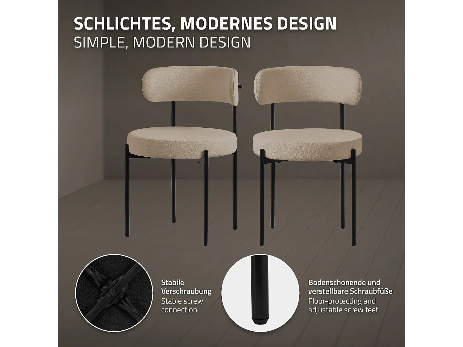 Lot de 4 chaises de salle à manger marron avec dossier ergonomique revêtement en tissu teddy doux en polyester piètement noir en acier design élégant