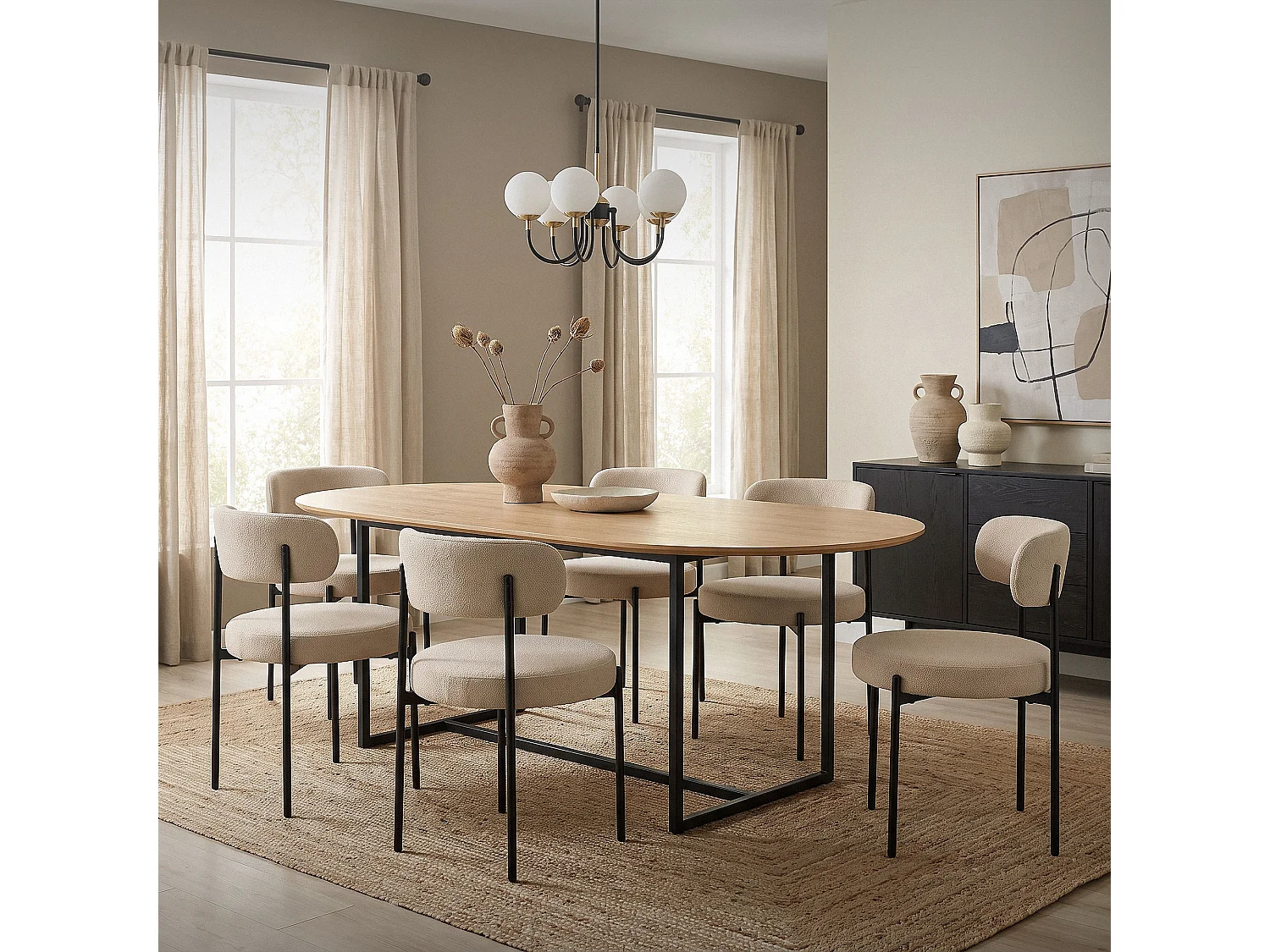 Lot de 4 chaises de salle à manger marron avec dossier ergonomique revêtement en tissu teddy doux en polyester piètement noir en acier design élégant