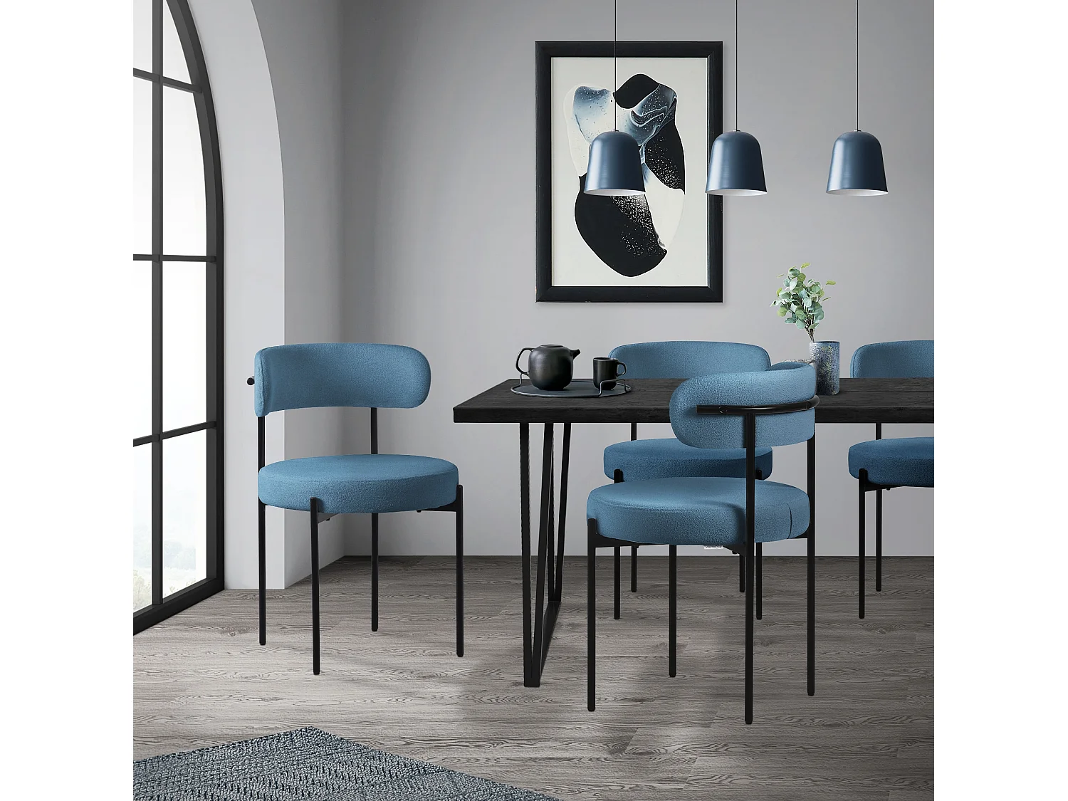 Lot de 2 chaises de cuisine rond en tissu teddy bleu avec dossier pied en acier