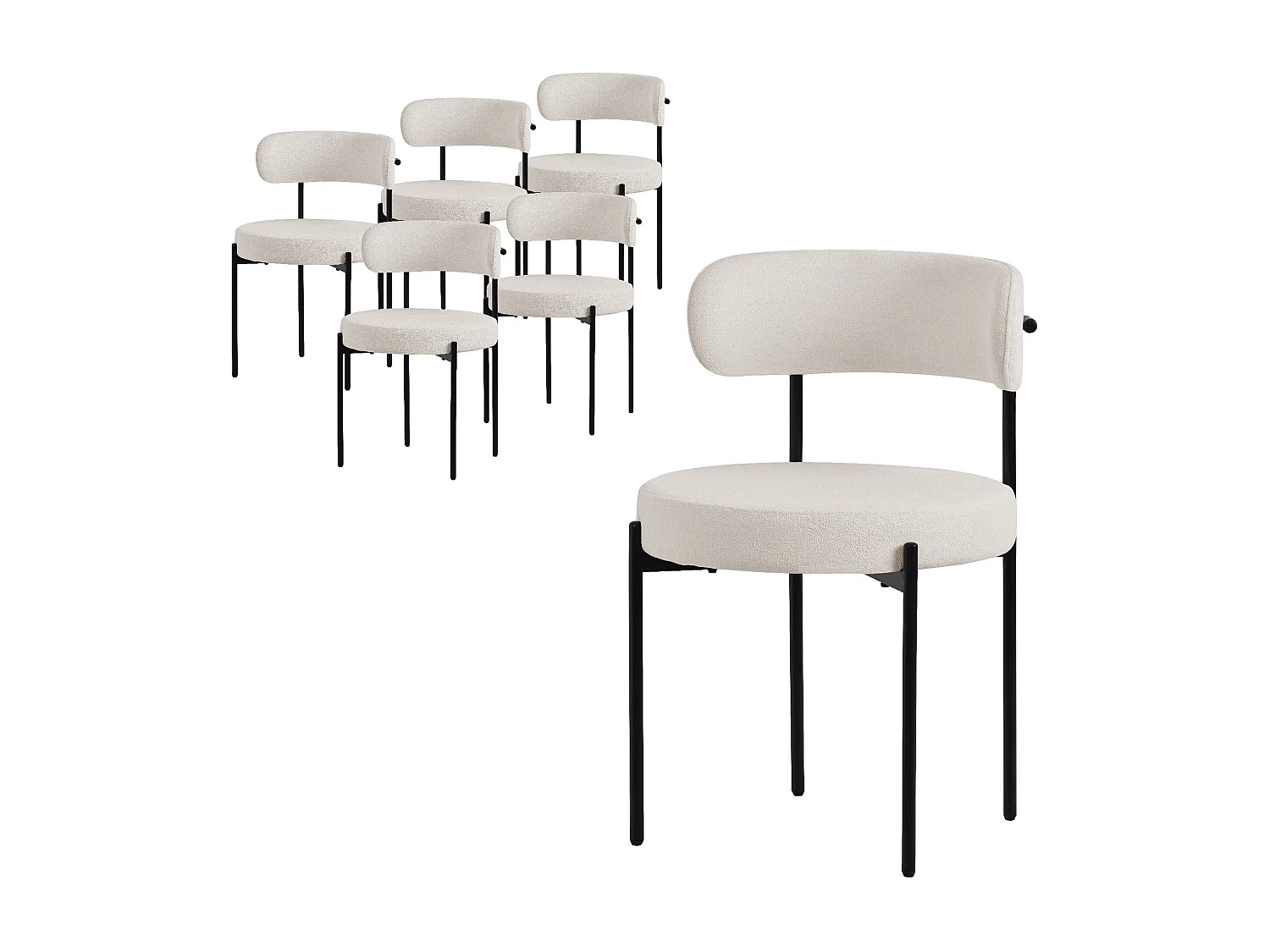 Lot de 6 chaises de cuisine rond en tissu teddy blanc avec dossier pied en acier