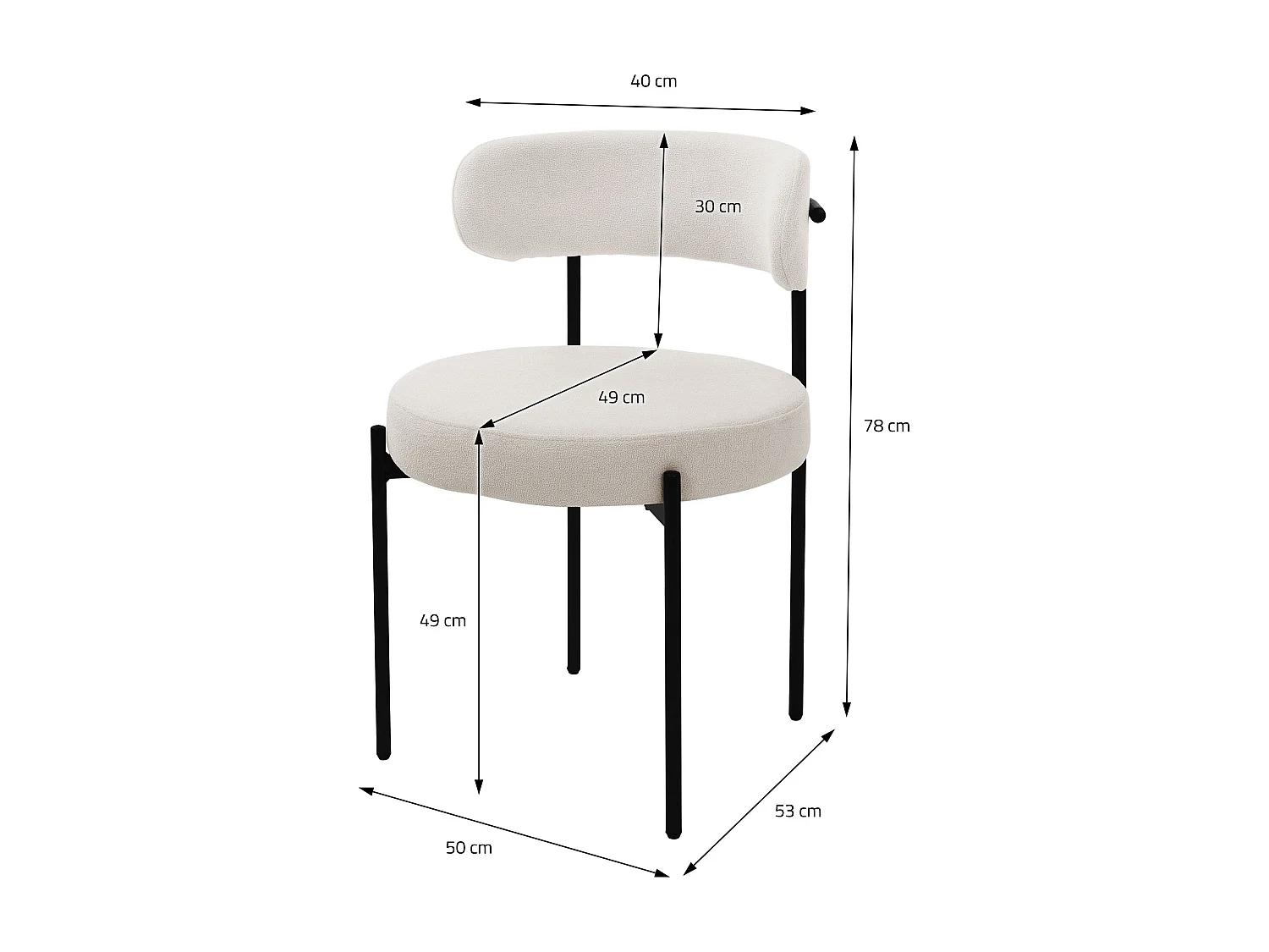 Lot de 6 chaises de cuisine rond en tissu teddy blanc avec dossier pied en acier