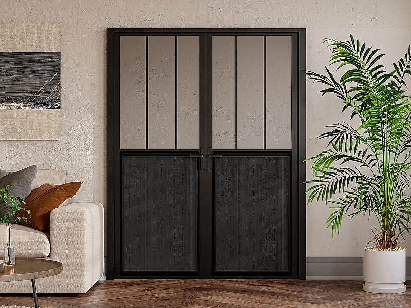 Bloc porte réversible à deux battants en aluminium et verre trempé style atelier - 2 x H204 x L83 cm - Noir - ERMELO