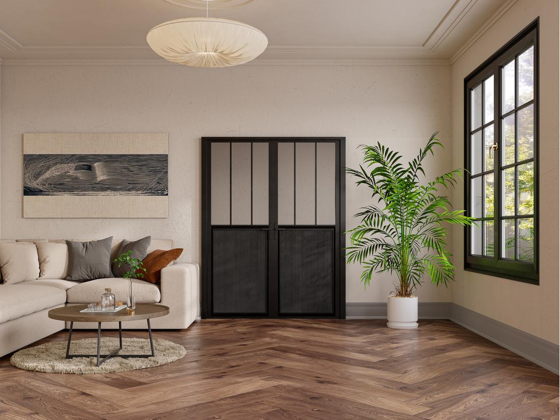vente unique Bloc porte réversible à deux battants en aluminium et verre trempé style atelier - 2 x H204 x L83 cm - Noir - ERMELO