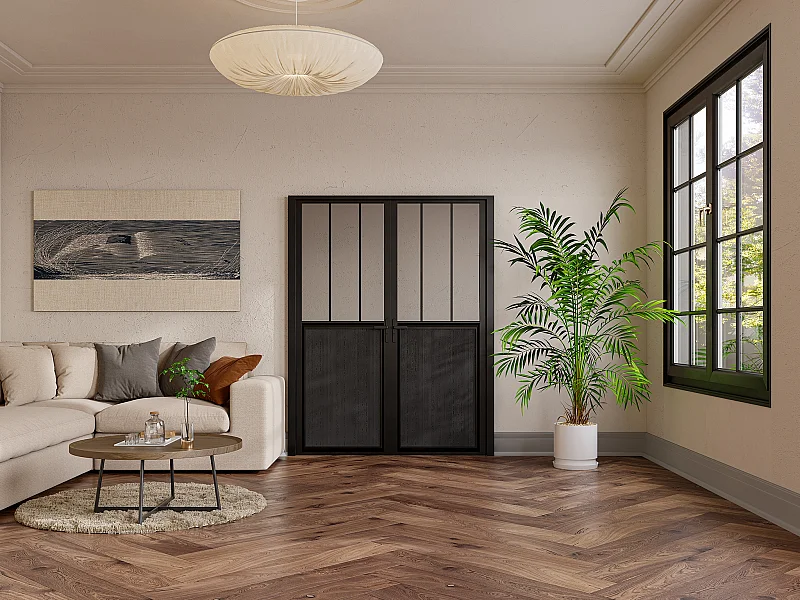 Bloc porte réversible à deux battants en aluminium et verre trempé style atelier - 2 x H204 x L93 cm - Noir - ERMELO