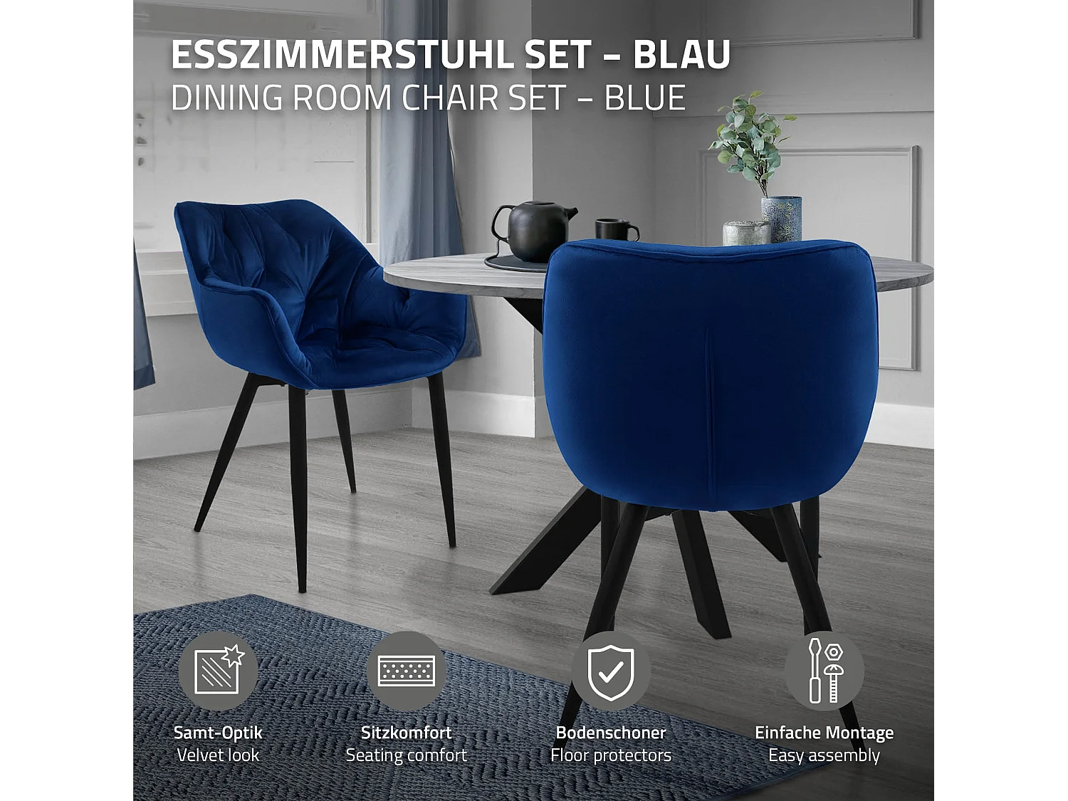 Lot de 6 chaises de salle à manger assise bleu foncé en velours pieds métal noir
