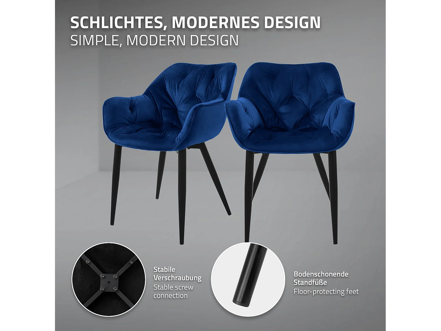 Lot de 6 chaises de salle à manger assise bleu foncé en velours pieds métal noir