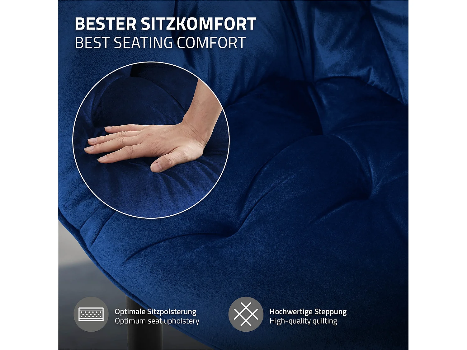 Lot de 6 chaises de salle à manger assise bleu foncé en velours pieds métal noir