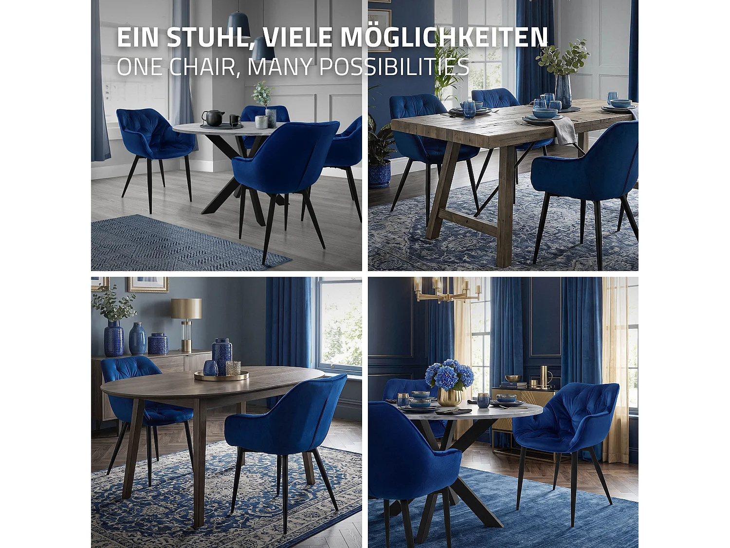 Lot de 6 chaises de salle à manger assise bleu foncé en velours pieds métal noir