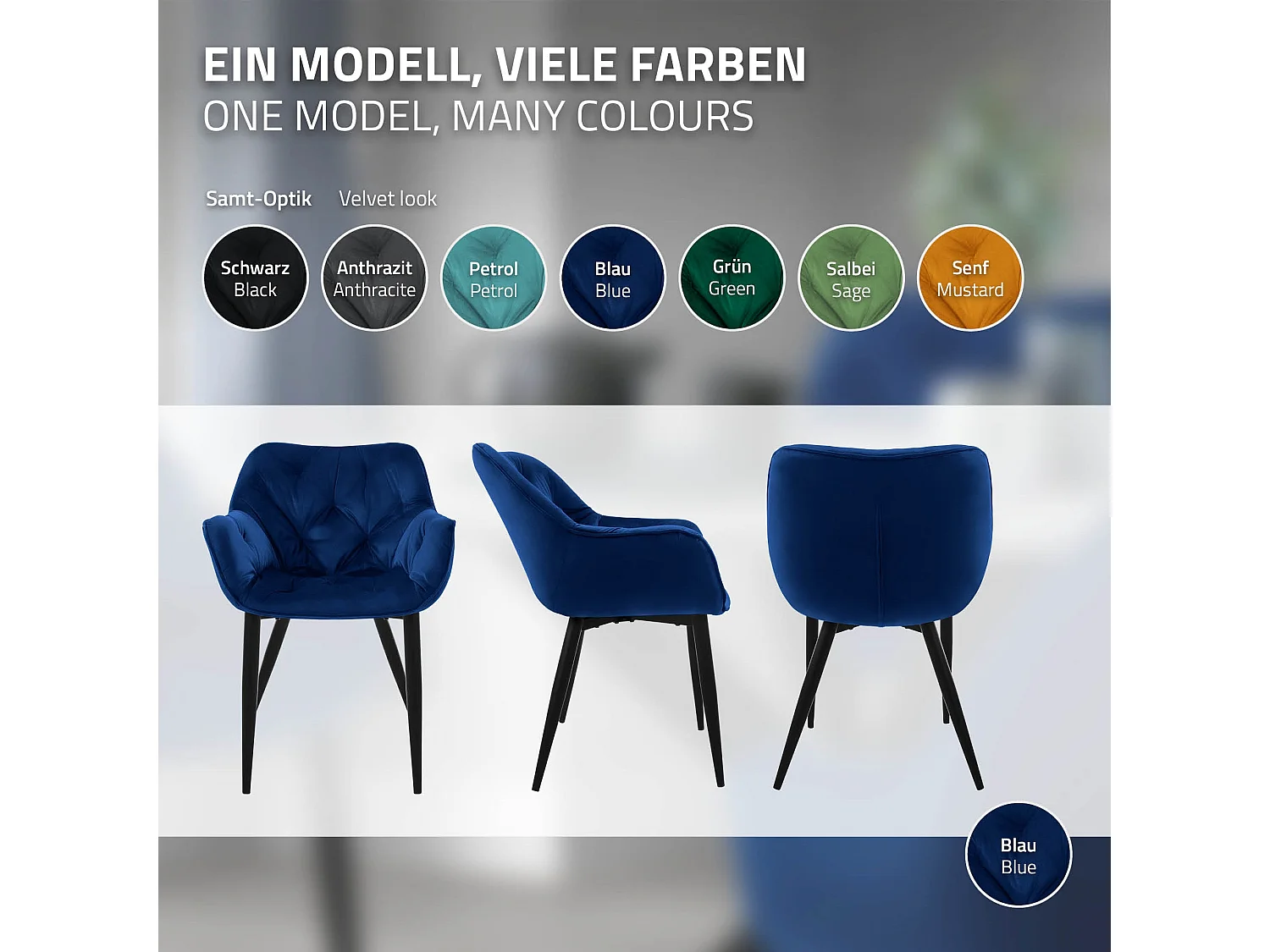 Lot de 6 chaises de salle à manger assise bleu foncé en velours pieds métal noir