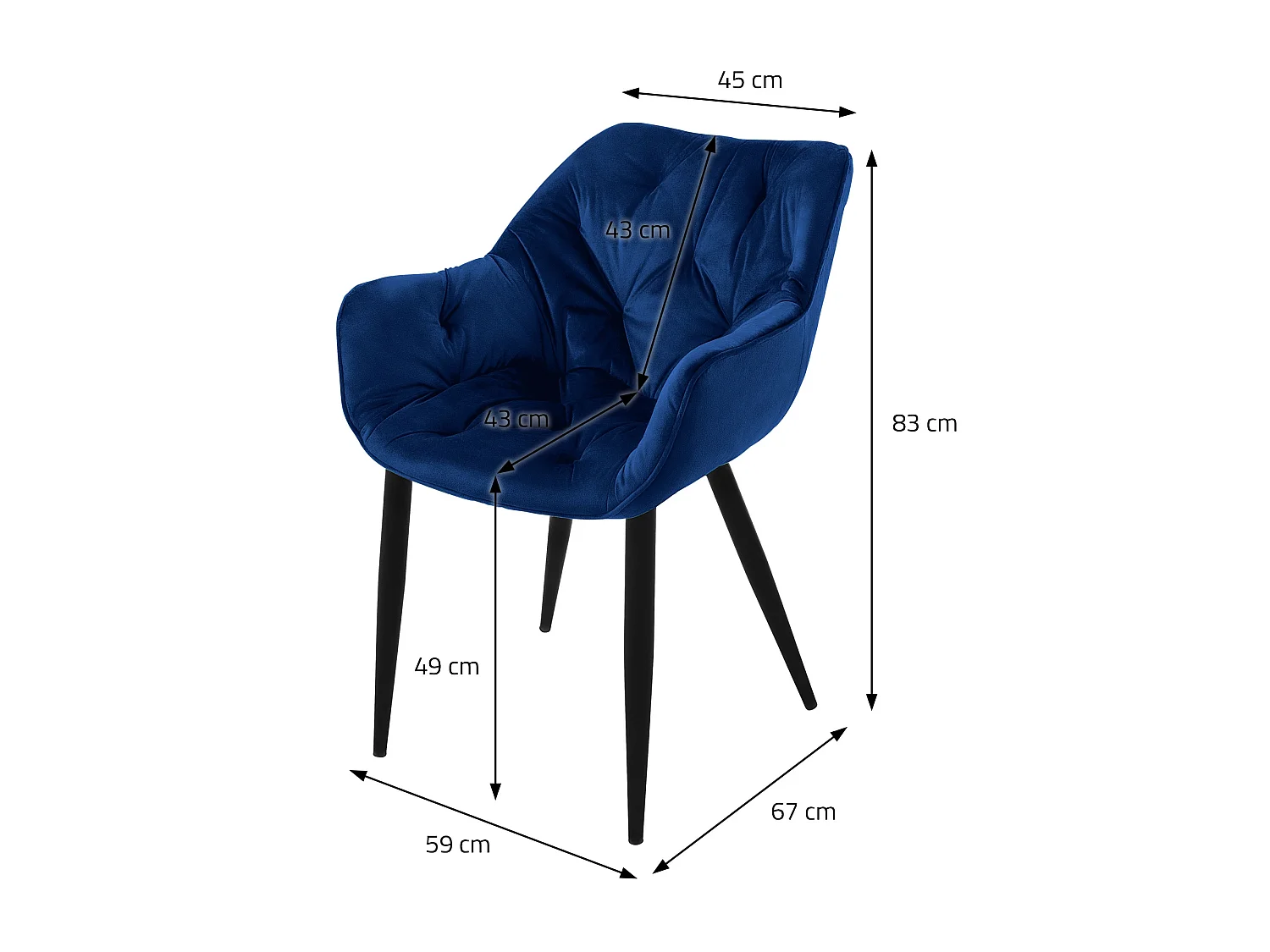 Lot de 6 chaises de salle à manger assise bleu foncé en velours pieds métal noir