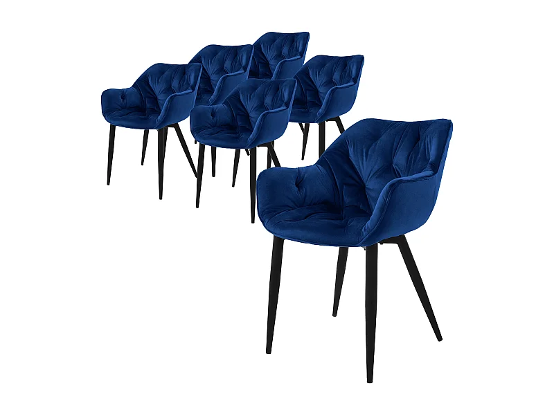 Lot de 6 chaises de salle à manger assise bleu foncé en velours pieds métal noir