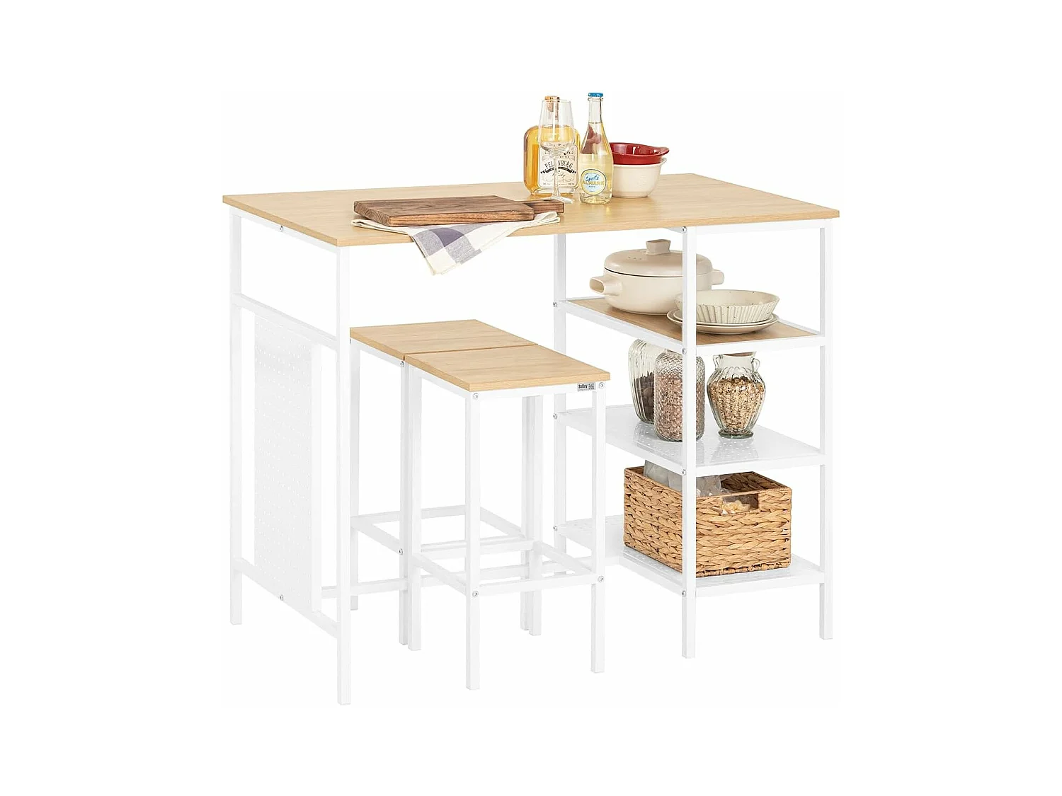 SoBuy OGT51-WN Ensemble Table et 2 Tabourets, Table Cuisine avec 3 Étagères Latérales, Table Haute Mange-Debout