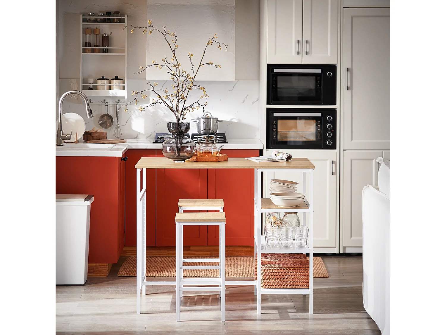 Conjunto SoBuy 3 peças Mesa com 2 bancos Mobiliário de bar doméstico Branco e natural L108*P58*H89 cm OGT51-WN