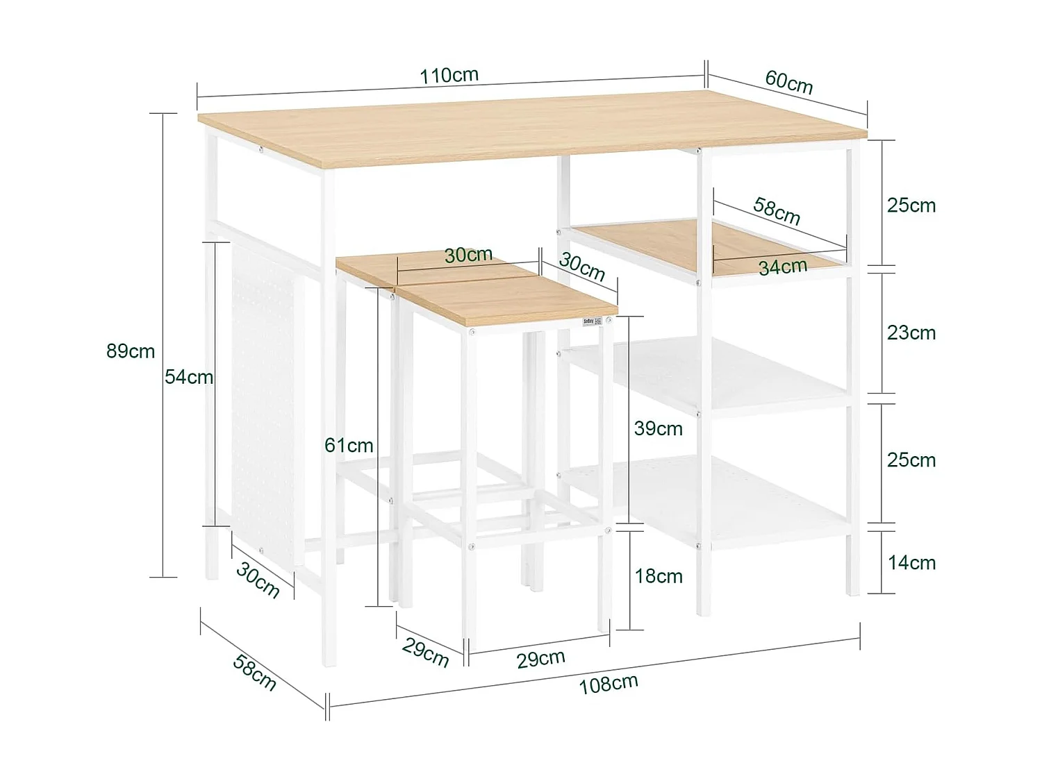 Conjunto SoBuy 3 peças Mesa com 2 bancos Mobiliário de bar doméstico Branco e natural L108*P58*H89 cm OGT51-WN