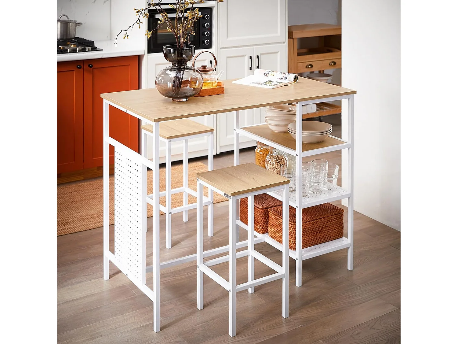 Conjunto SoBuy 3 peças Mesa com 2 bancos Mobiliário de bar doméstico Branco e natural L108*P58*H89 cm OGT51-WN