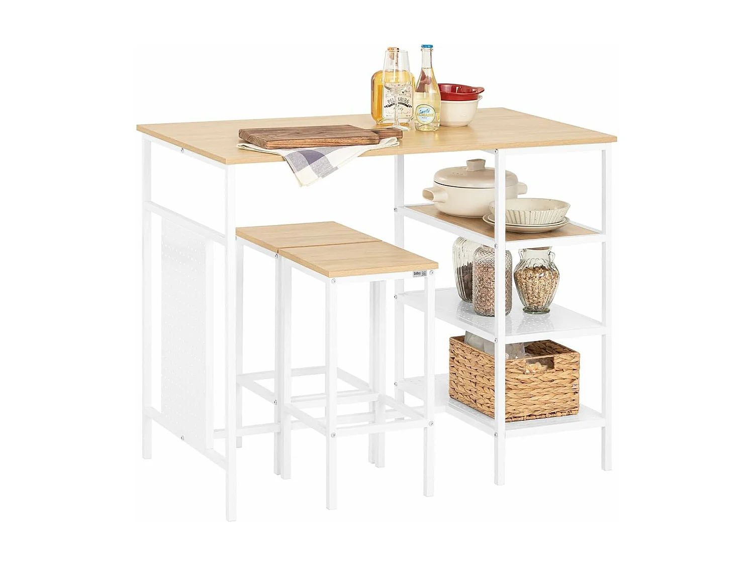 SoBuy OGT51-WN Ensemble Table et 2 Tabourets, Table Cuisine avec 3 Étagères Latérales, Table Haute Mange-Debout