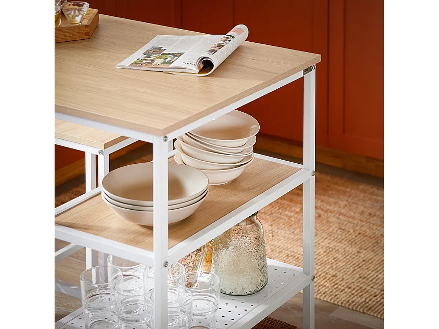 SoBuy OGT51-WN Ensemble Table et 2 Tabourets, Table Cuisine avec 3 Étagères Latérales, Table Haute Mange-Debout