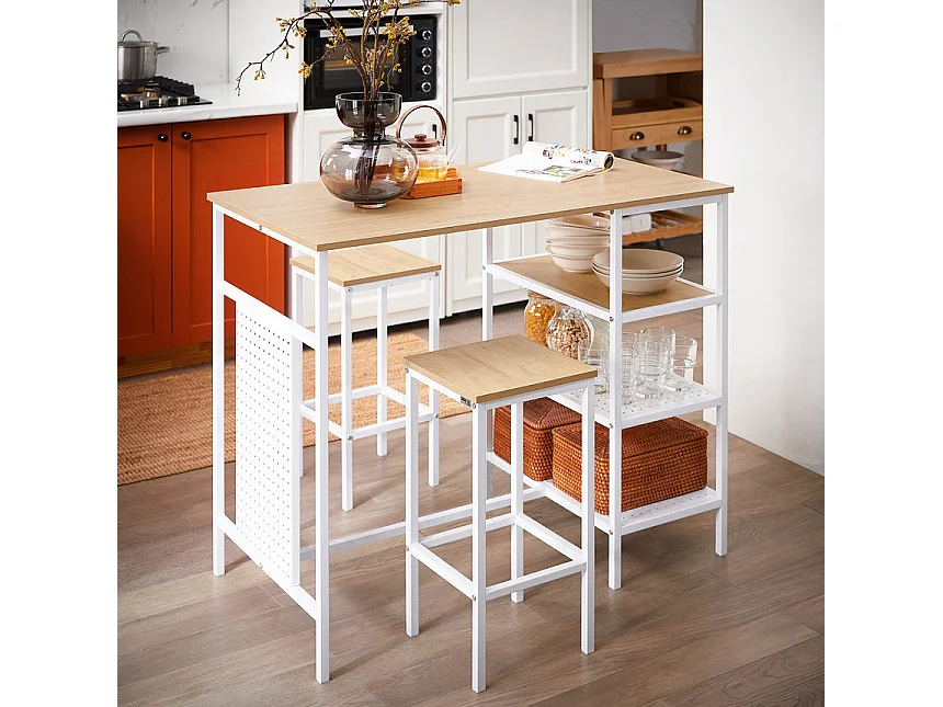 SoBuy OGT51-WN Ensemble Table et 2 Tabourets, Table Cuisine avec 3 Étagères Latérales, Table Haute Mange-Debout