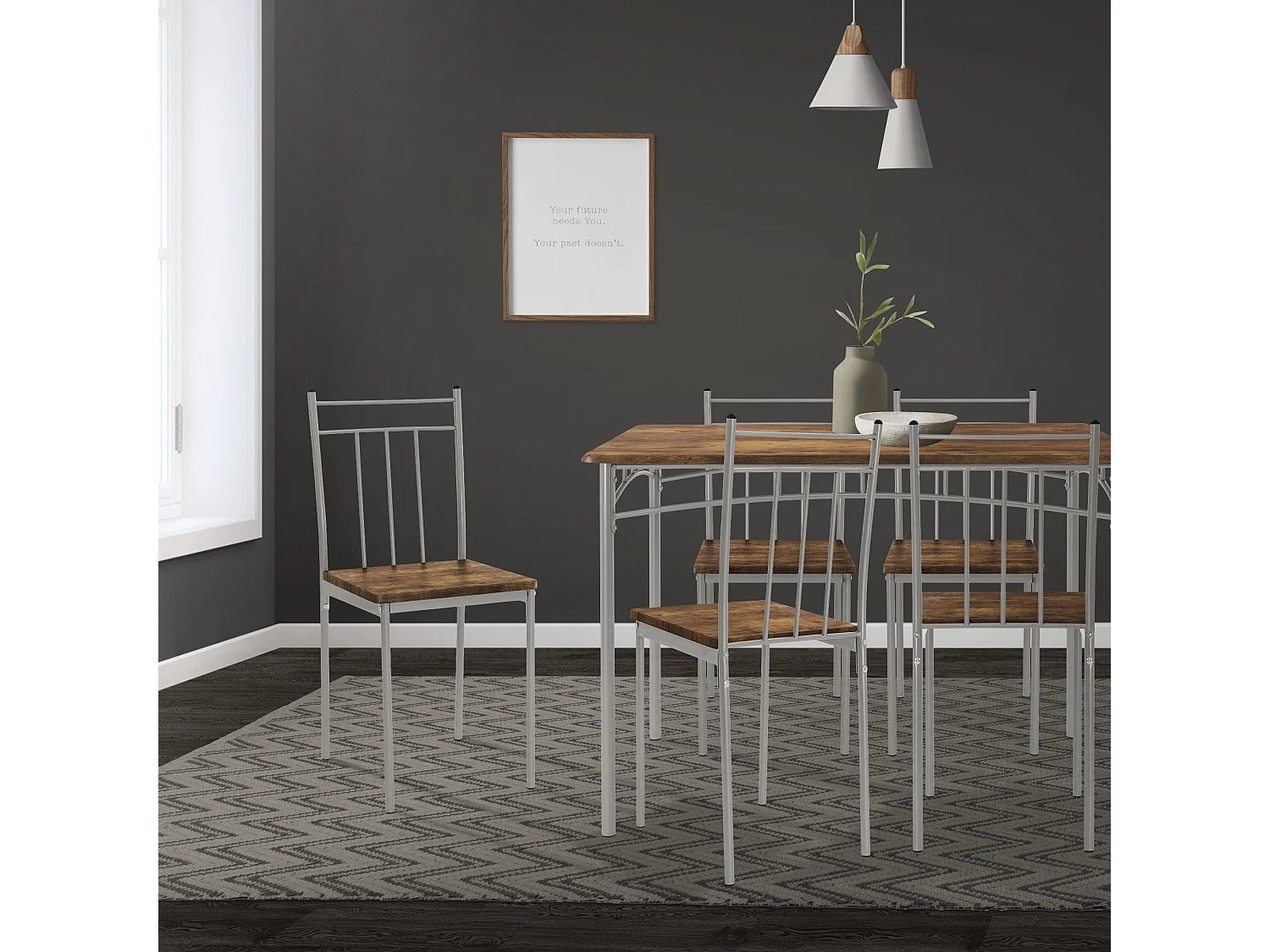 Set tavolo da pranzo con 4 sedie in acciaio per la cucina marrone vintage