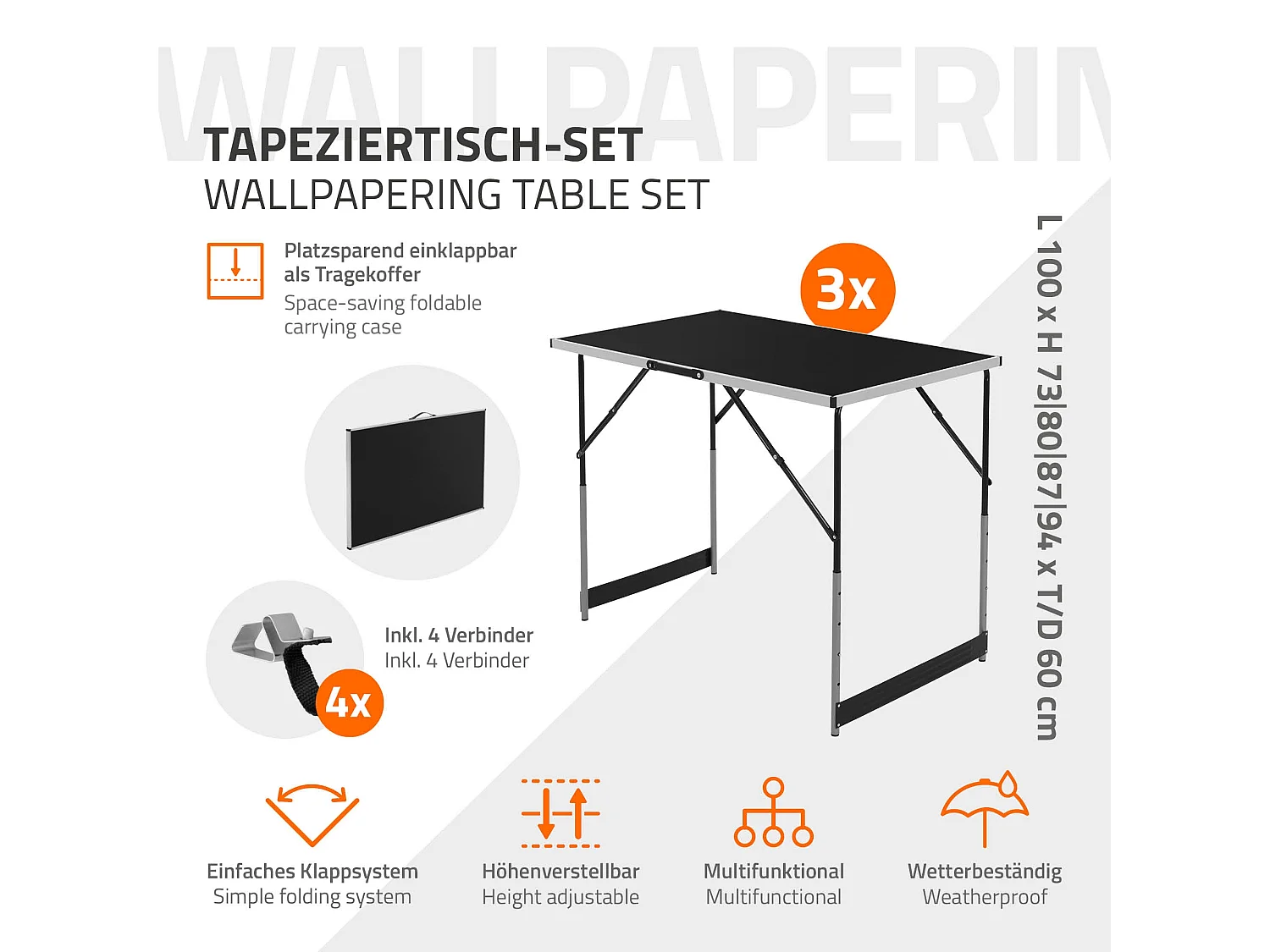 Tavolo pieghevole 3 pezzi 100x60 cm nero multifunzionale struttura da giardino