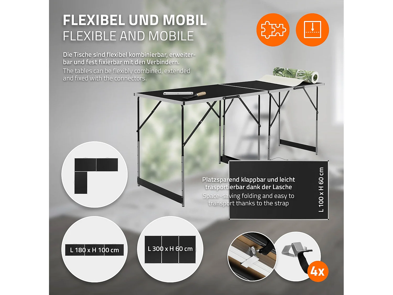 Tavolo pieghevole 3 pezzi 100x60 cm nero multifunzionale struttura da giardino