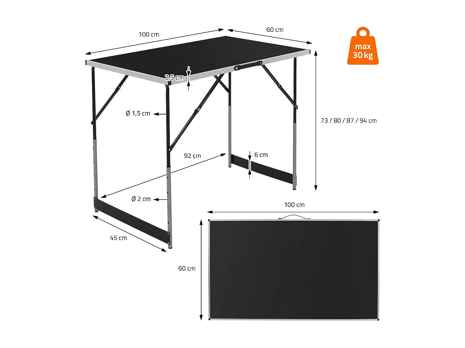 Tavolo pieghevole 3 pezzi 100x60 cm nero multifunzionale struttura da giardino