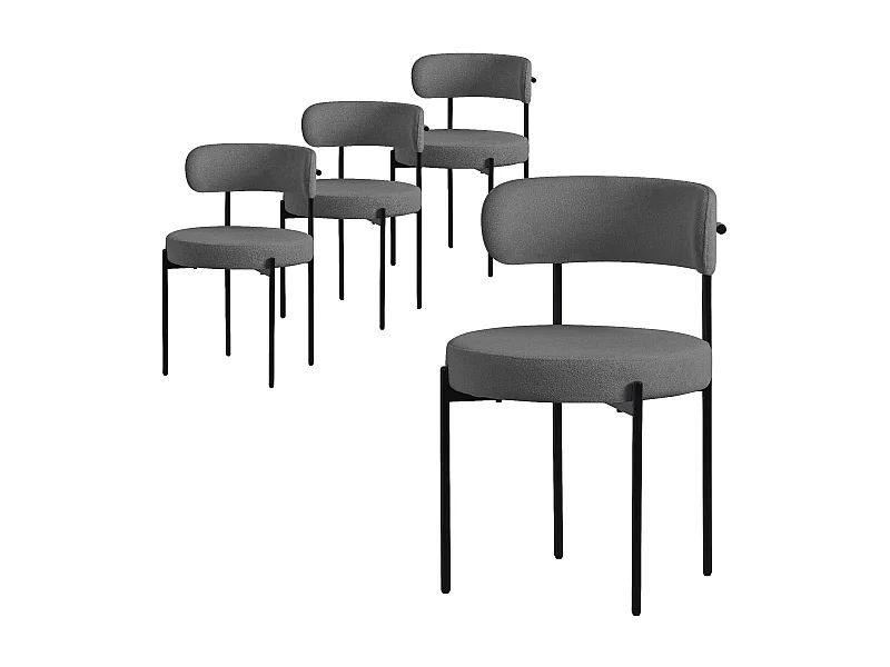 Lot de 4 chaises de cuisine rond en tissu teddy gris avec dossier pied en acier