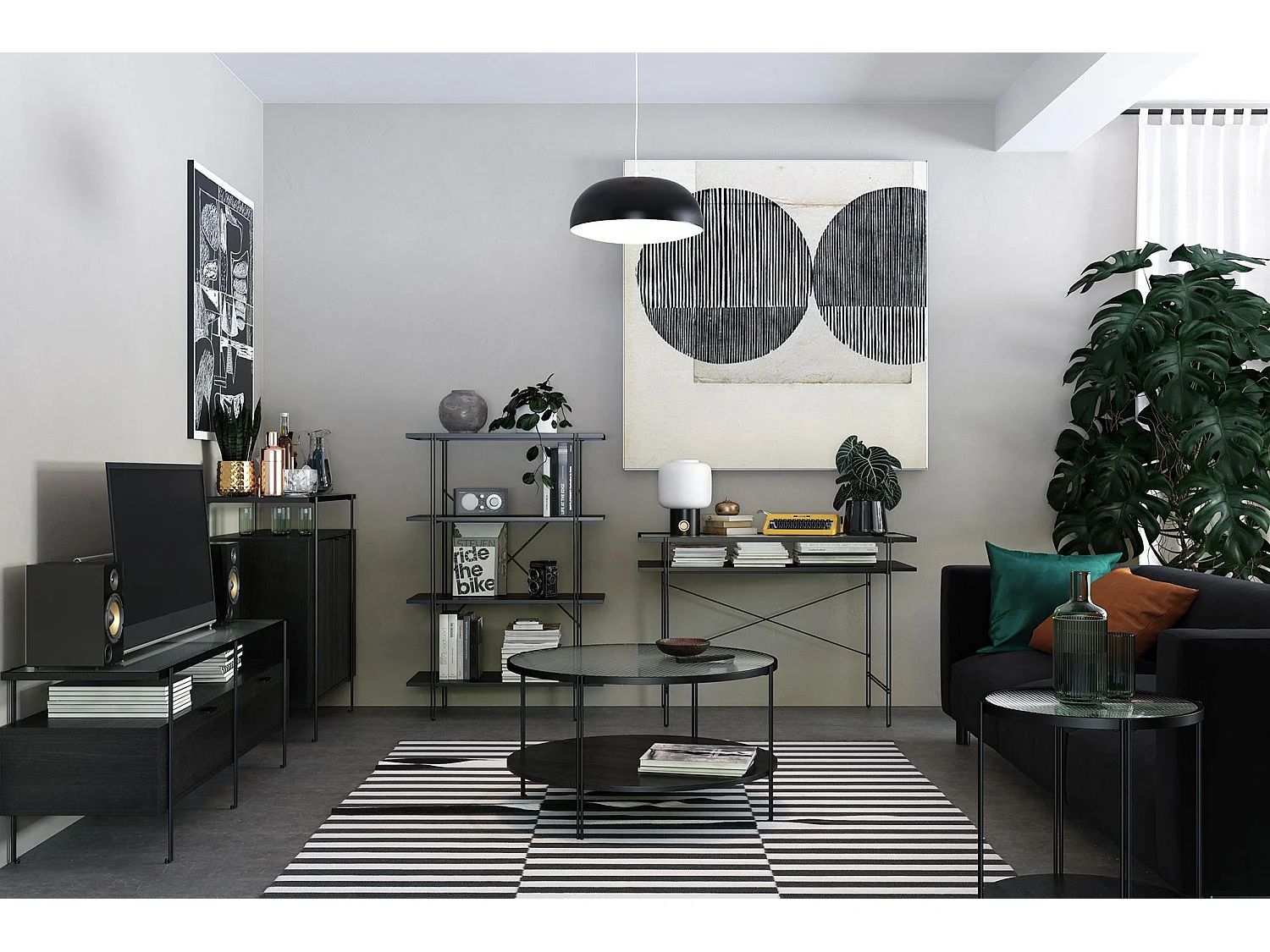 Wainwright | Libreria con 3 ripiani in effetto rovere nero e 1 ripiano in vetro