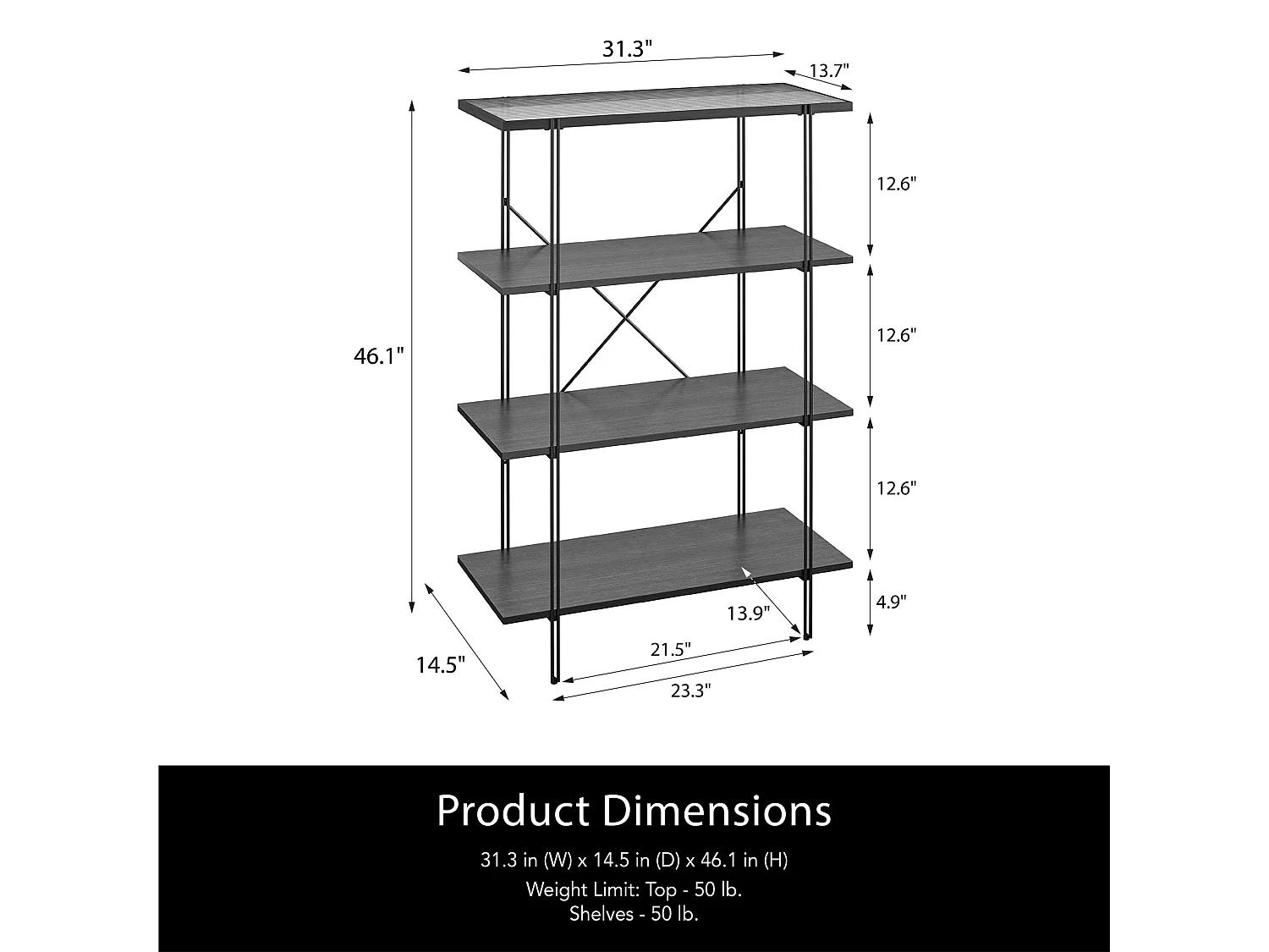 Wainwright | Libreria con 3 ripiani in effetto rovere nero e 1 ripiano in vetro