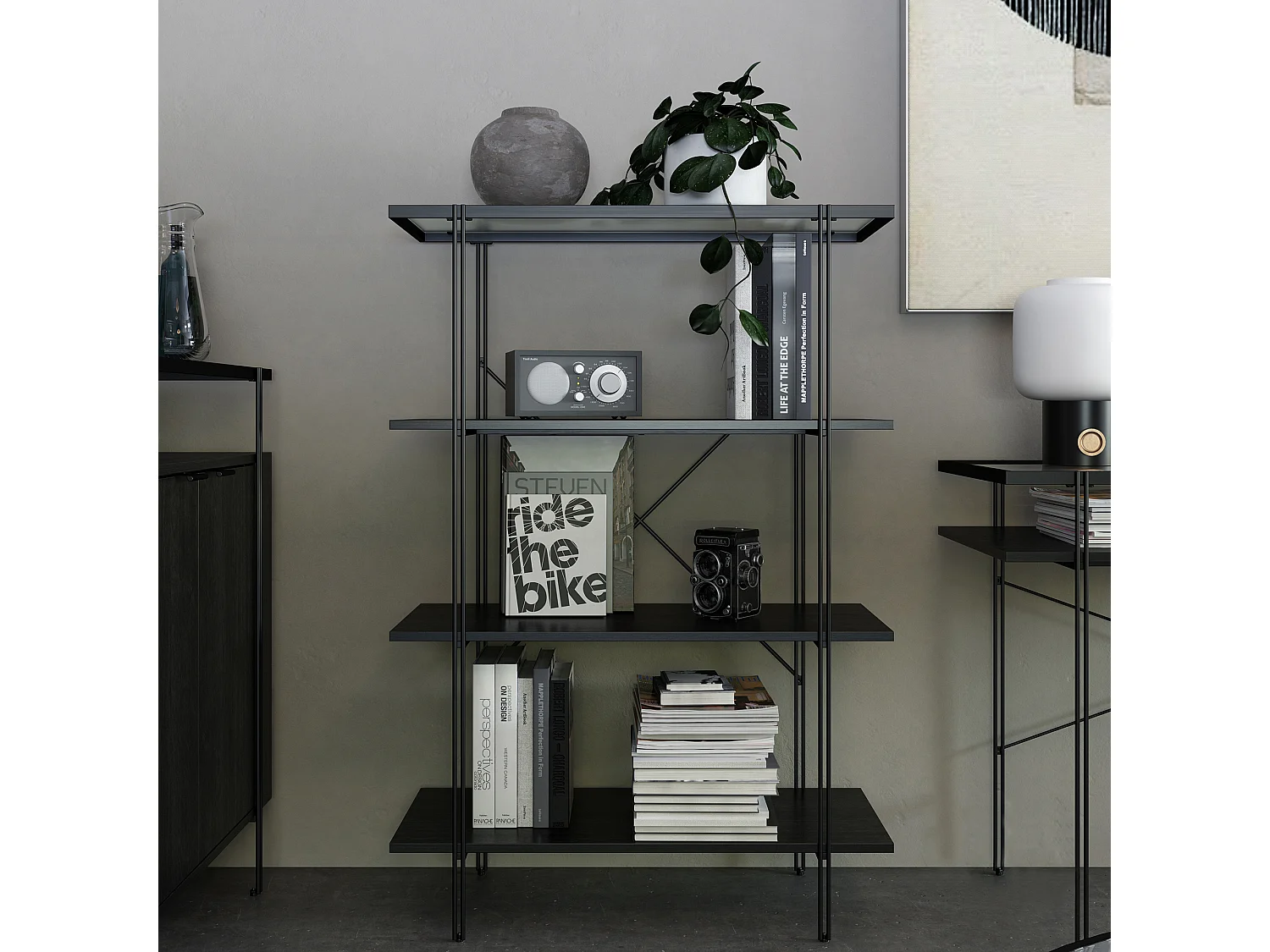 Wainwright | Bibliothèque á 3 étagères en aspect chêne noir et 1 étagère en verre