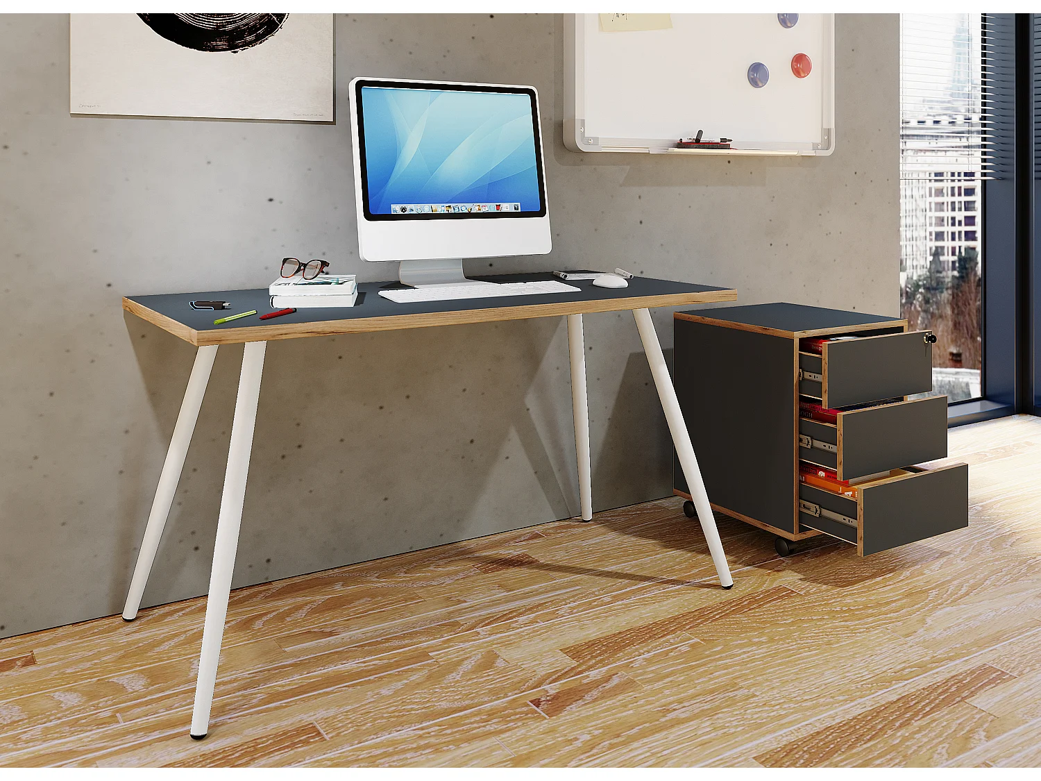 Desk Salia Anthracite / honey oak H. 70 x W. 138 x D. 50 cm