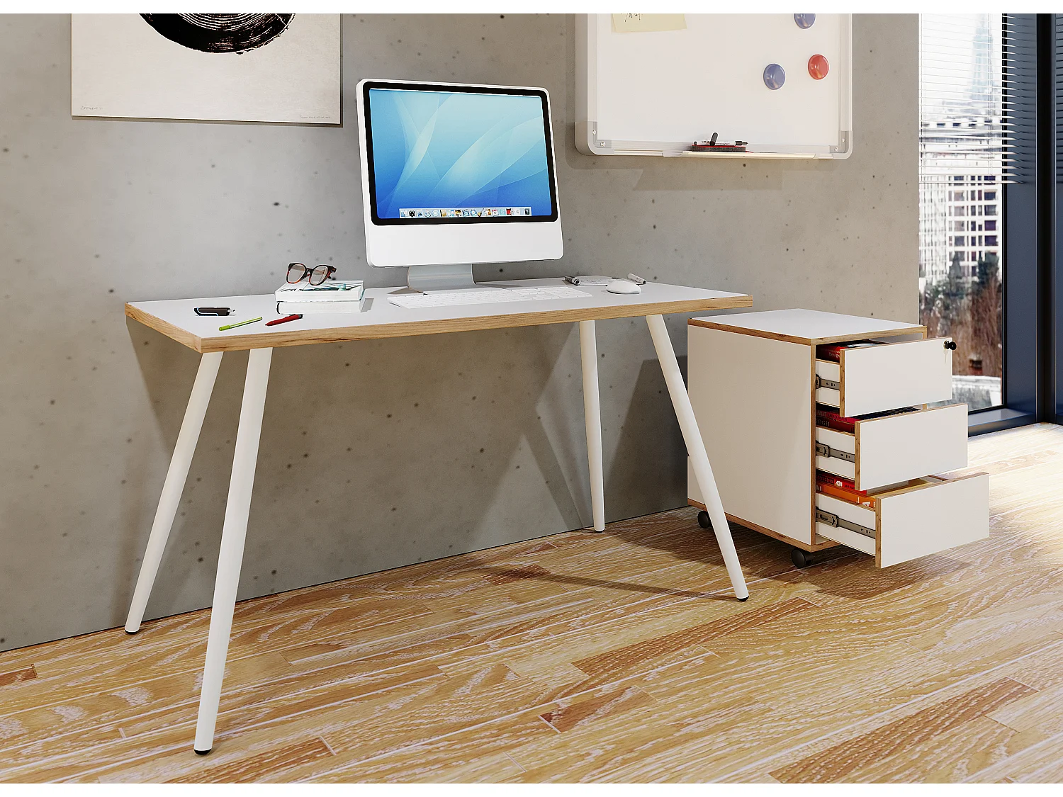 Desk Salia White / Honey oak H. 70 x W. 138 x D. 50 cm