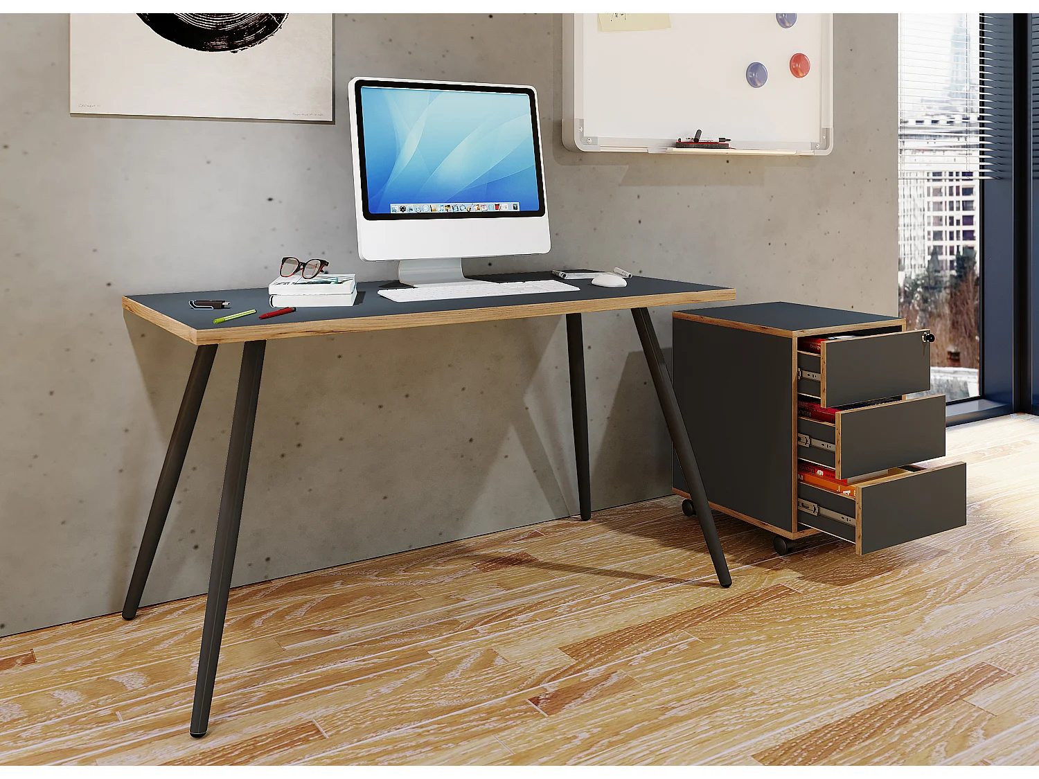 Desk Salia Anthracite / honey oak H. 70 x W. 138 x D. 80 cm