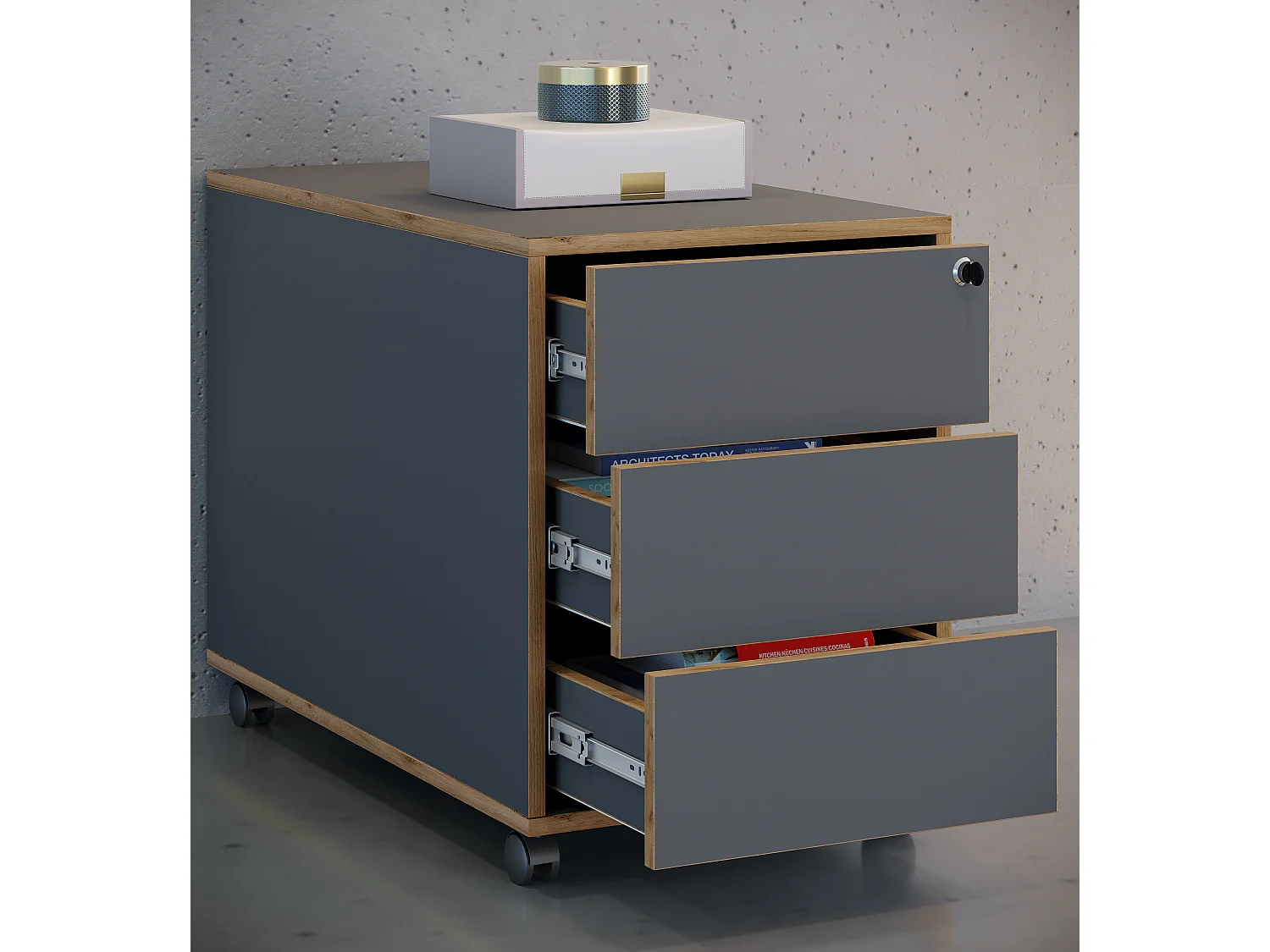 VCM Roll Container | Recipiente lateral com três gavetas | Dimensões aprox. A. 50 x L. 39 x P. 70 cm | Armazém de escritório - Salia (antracite)