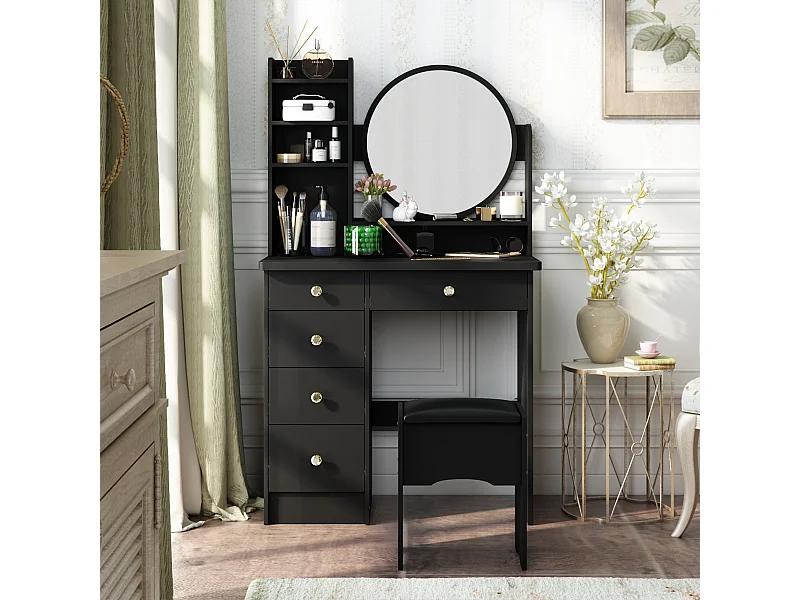 Coiffeuse avec Miroir et 5 Tiroirs Tabouret 135x80x40cm Noir