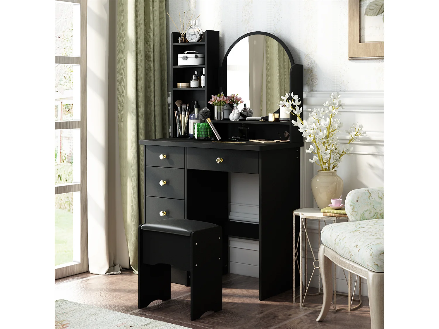 Coiffeuse avec Miroir et 5 Tiroirs Tabouret 135x80x40cm Noir