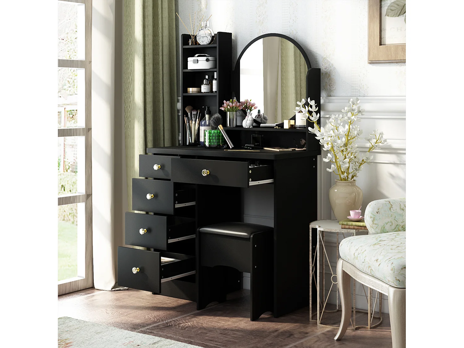 Coiffeuse avec Miroir et 5 Tiroirs Tabouret 135x80x40cm Noir
