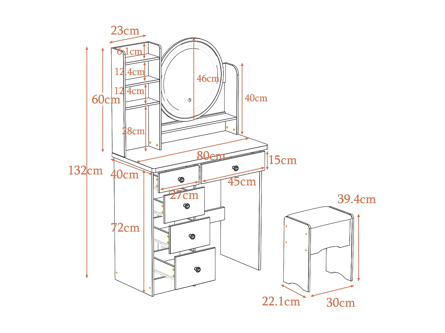 Coiffeuse avec Miroir et 5 Tiroirs Tabouret 135x80x40cm Noir