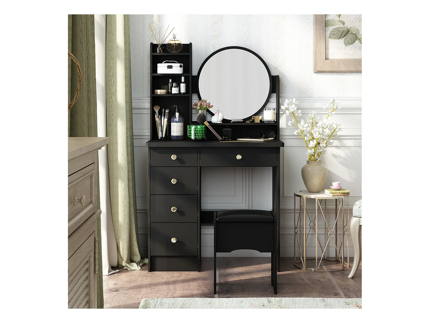 Coiffeuse avec Miroir et 5 Tiroirs Tabouret 135x80x40cm Noir