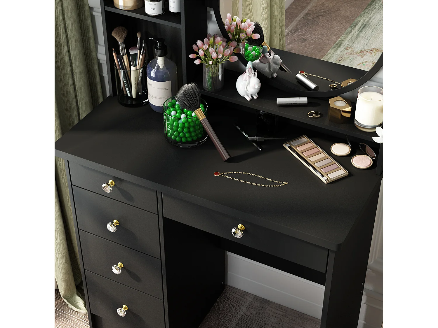 Coiffeuse avec Miroir et 5 Tiroirs Tabouret 135x80x40cm Noir