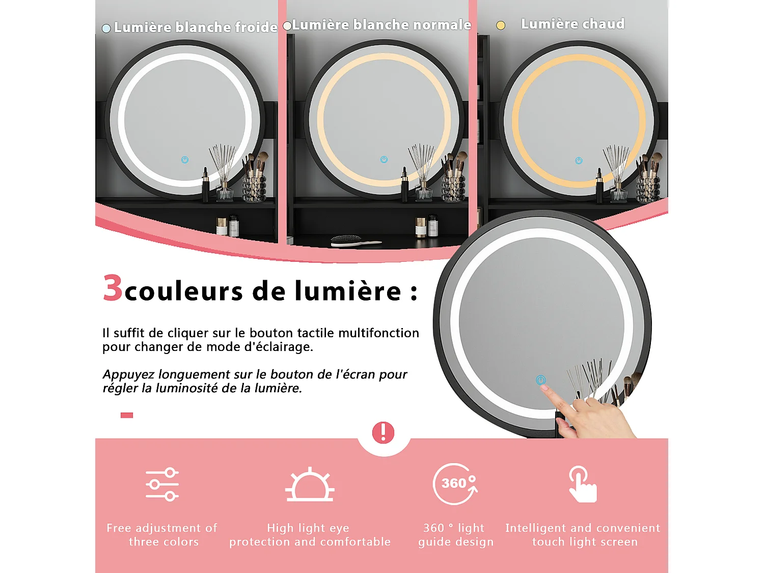 Coiffeuse avec Miroir, LED et 5 Tiroirs Tabouret 135x80x40cm Noir