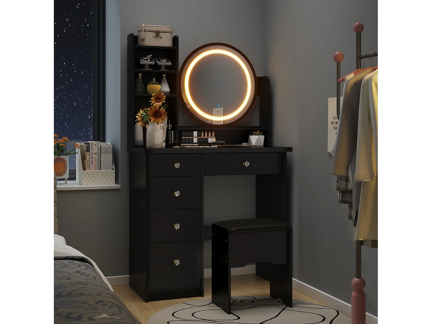 Coiffeuse avec Miroir, LED et 5 Tiroirs Tabouret 135x80x40cm Noir