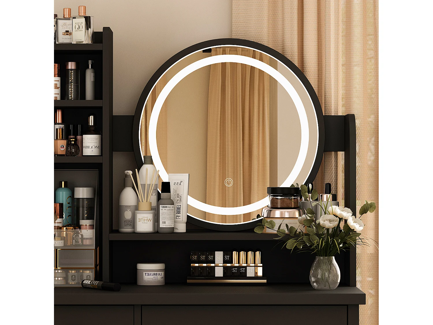Coiffeuse avec Miroir, LED et 5 Tiroirs Tabouret 135x80x40cm Noir