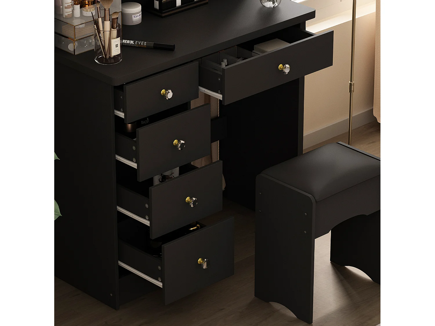 Coiffeuse avec Miroir, LED et 5 Tiroirs Tabouret 135x80x40cm Noir