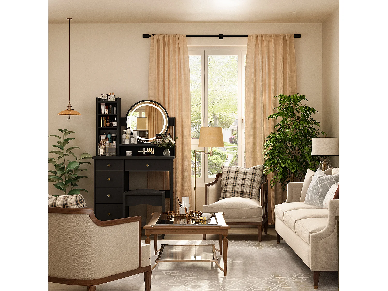 Coiffeuse avec Miroir, LED et 5 Tiroirs Tabouret 135x80x40cm Noir