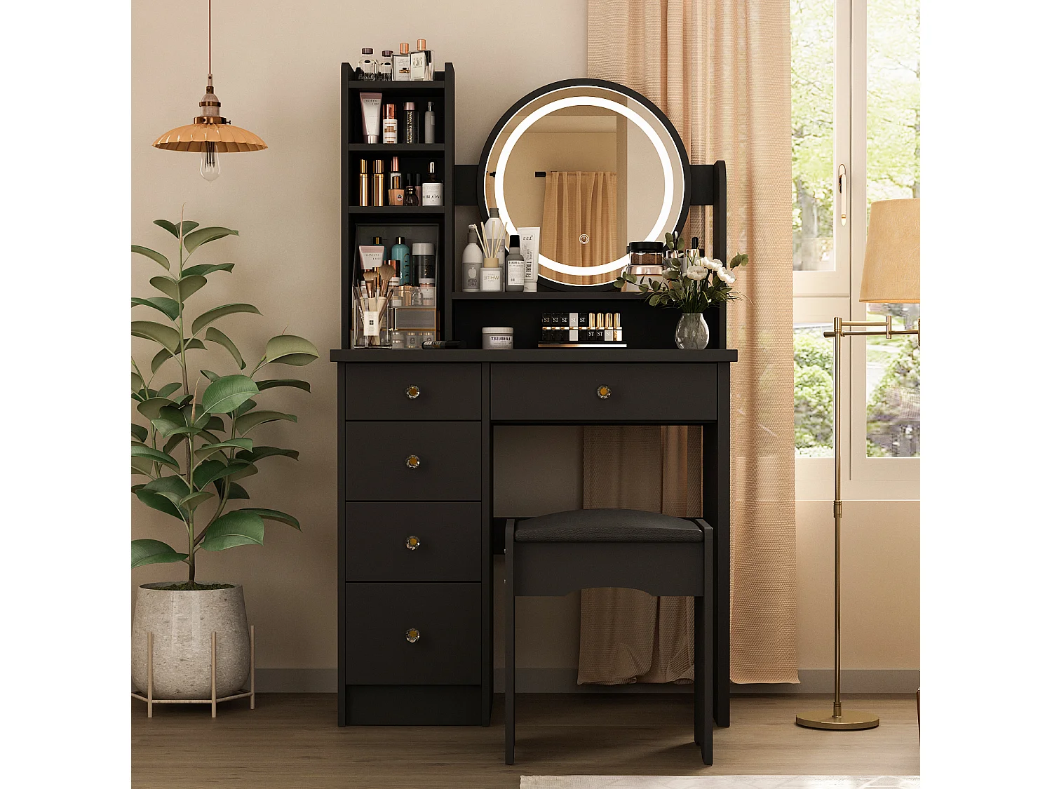 Coiffeuse avec Miroir, LED et 5 Tiroirs Tabouret 135x80x40cm Noir
