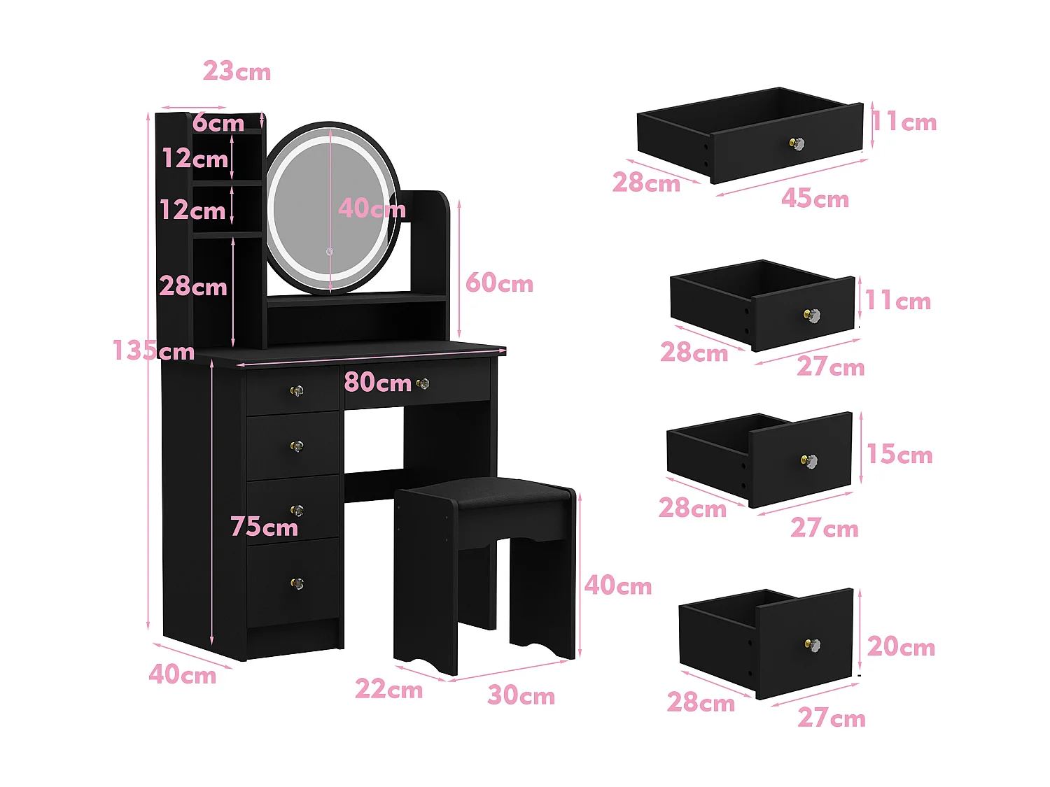 Coiffeuse avec Miroir, LED et 5 Tiroirs Tabouret 135x80x40cm Noir