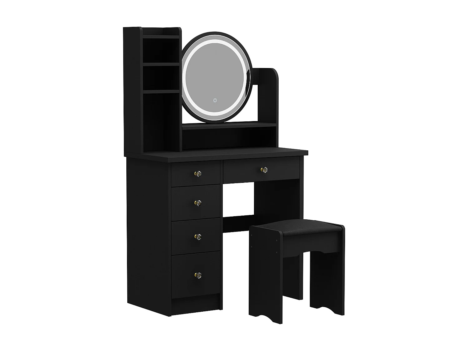 Coiffeuse avec Miroir, LED et 5 Tiroirs Tabouret 135x80x40cm Noir