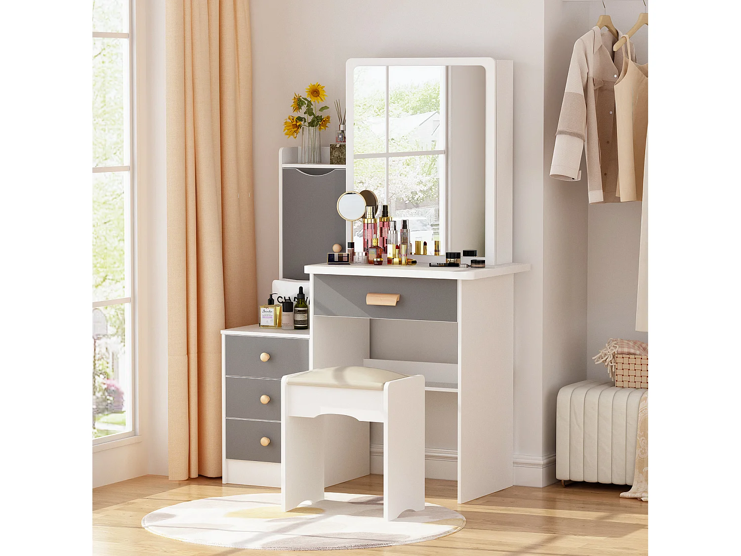 Coiffeuse avec miroir et 4 tiroirs Tabouret 90x40x135cm Blanc&gris